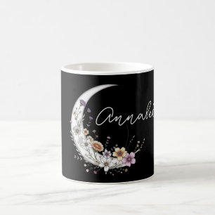 Floral Crescent Moon Personalised Name on Black Coffee Mug