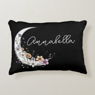 Floral Crescent Moon Personalised Name on Black Decorative Cushion
