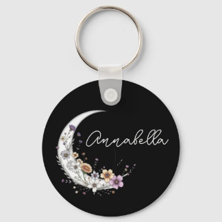 Floral Crescent Moon Personalised Name on Black Key Ring