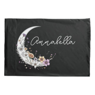 Floral Crescent Moon Personalised Name on Black Pillowcase