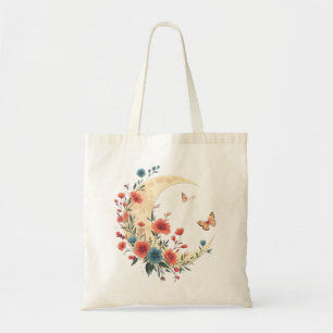 Floral Crescent Moon with Butterflies Tote Bag