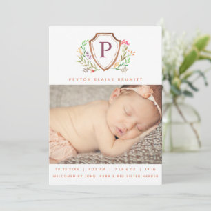 Floral Crest Baby Girl Birth Announcement