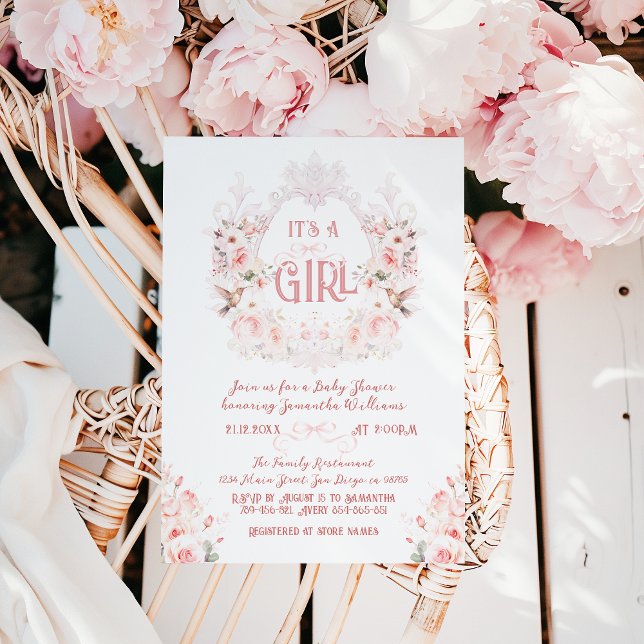 Floral Crest Blush Pink It's a Girl Baby Shower Invitation (Creator Uploaded)