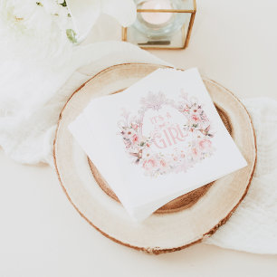 Floral Crest Blush Pink It's a Girl Baby Shower Napkin