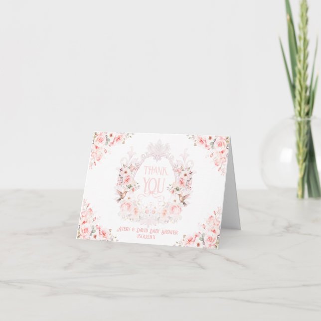 Floral Crest Blush Pink It's a Girl Baby Shower Thank You Card (Front)