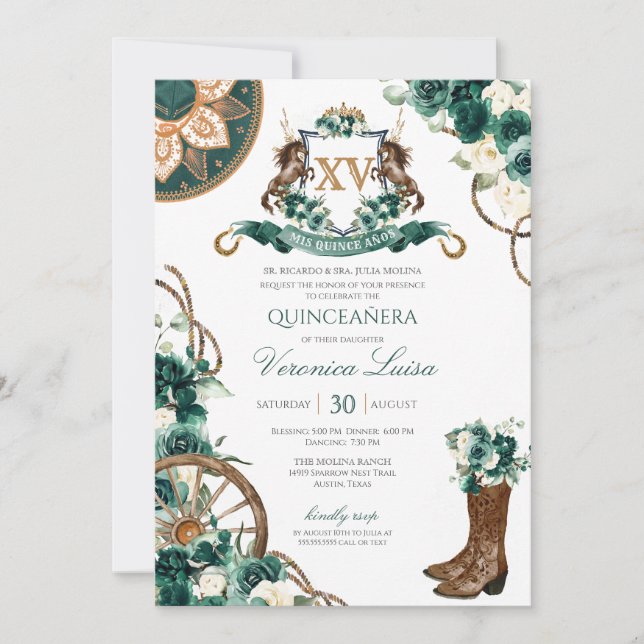 Floral Crest Charro Emerald Green Quinceanera Invitation (Front)