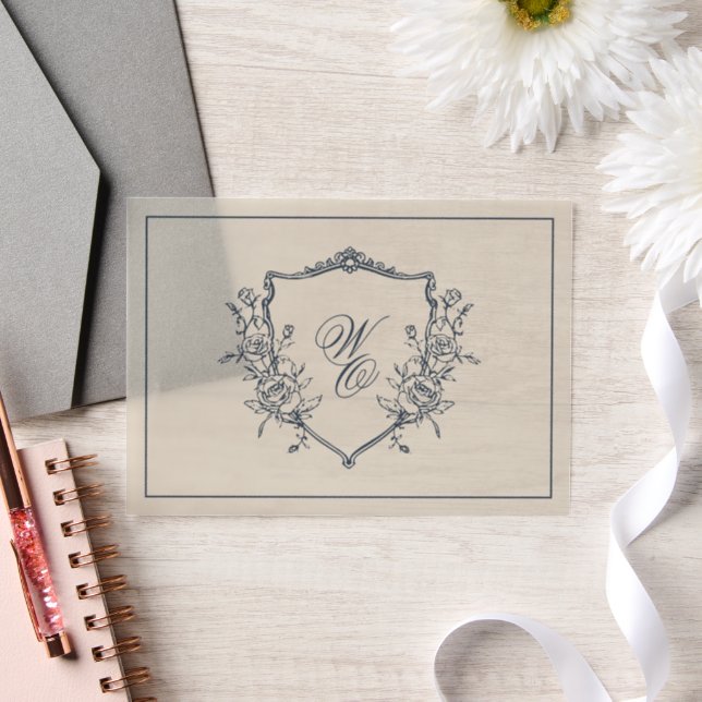 Floral Crest Cream Navy Monogram Wedding Overlay Vellum Invitations (Wedding)