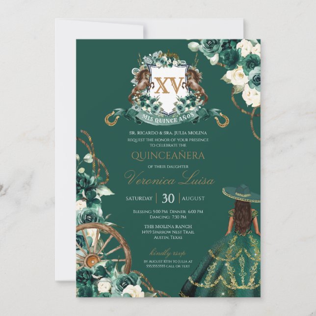 Floral Crest Emerald Green Charro Quinceanera Invi Invitation (Front)