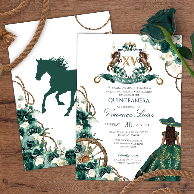 Floral Crest Emerald Green Charro Quinceanera Invi Invitation (Creator Uploaded)