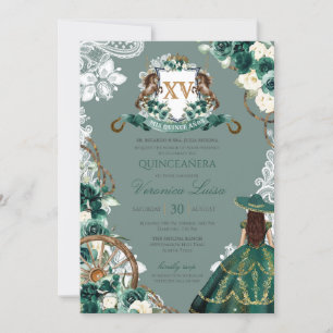 Floral Crest Emerald Green Charro Quinceanera Invi Invitation