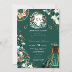 Floral Crest Emerald Green Charro Quinceañera Invitation