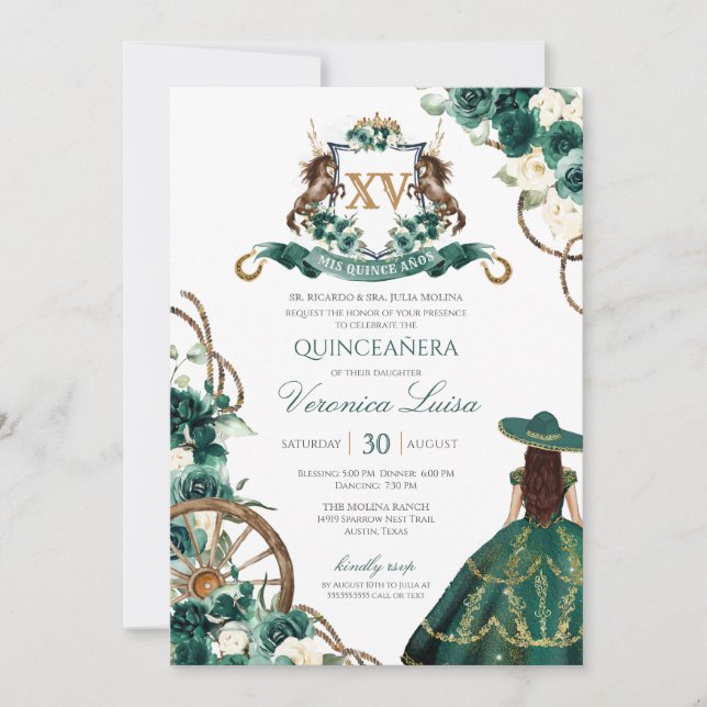 Floral Crest Emerald Green Charro Quinceanera Invitation (Front)