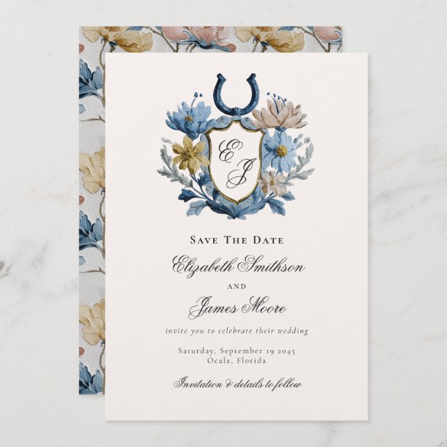 Floral Crest Equestrian Horseshoe Monogram  Save The Date (Front/Back)