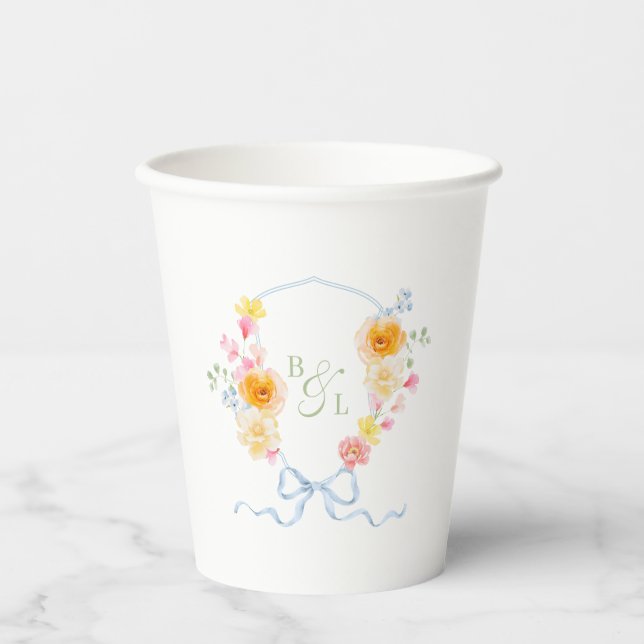Floral Crest Monogram Blue Bow Spring Wedding Paper Cups (Front)