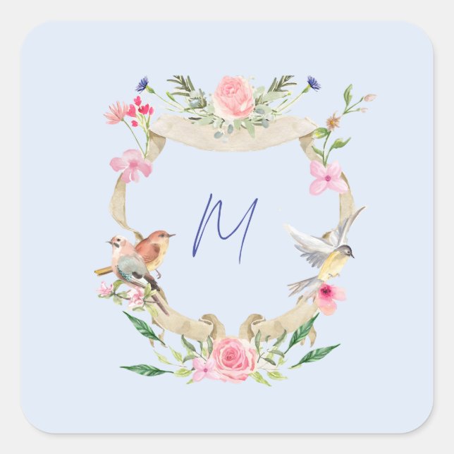Floral Crest Monogram Blue Square Sticker (Front)