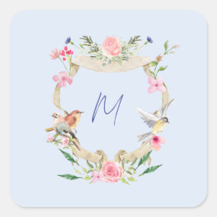 Floral Crest Monogram Blue Square Sticker