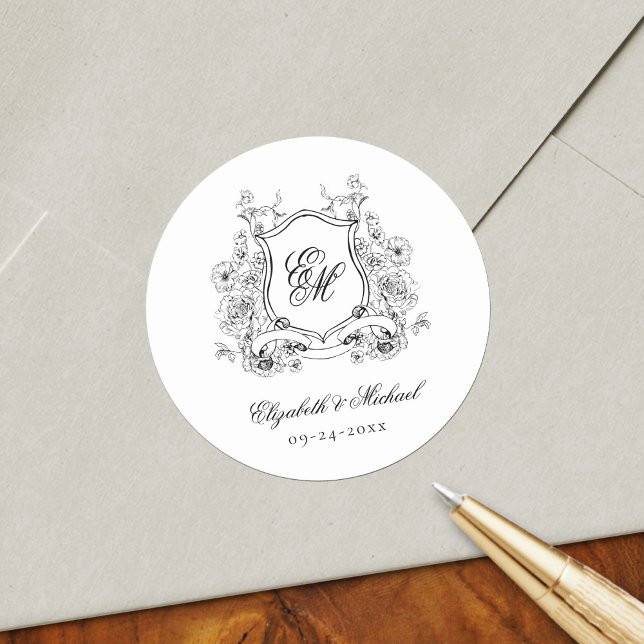 Floral Crest Monogram Elegant Wedding Classic Round Sticker (Creator Uploaded)