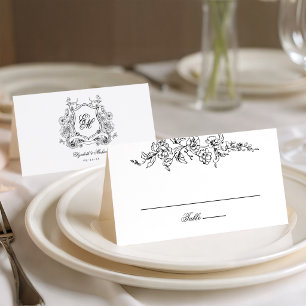 Floral Crest Monogram Elegant Wedding Place Card