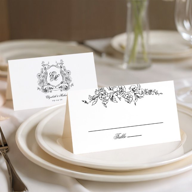 Floral Crest Monogram Elegant Wedding Place Card (Creator Uploaded)