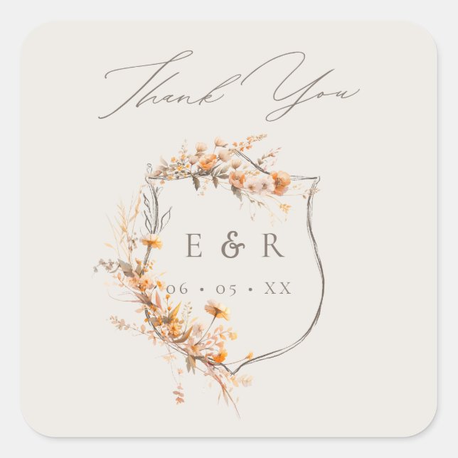 Floral Crest Monogram Fall Wedding Thank You Square Sticker (Front)