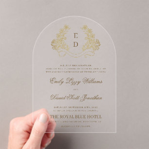 Floral Crest Monogram Golden Heritage Wedding Acrylic Invitations