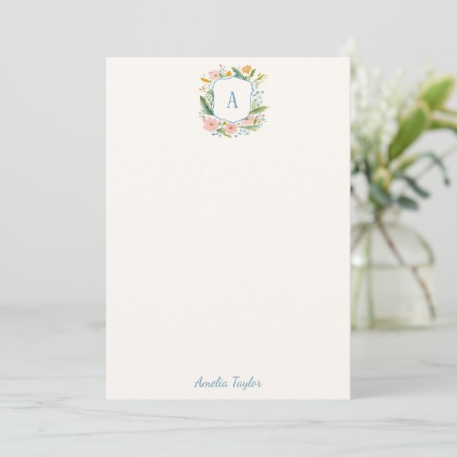 Floral Crest Monogram Personalised Stationery Card (Standing Front)