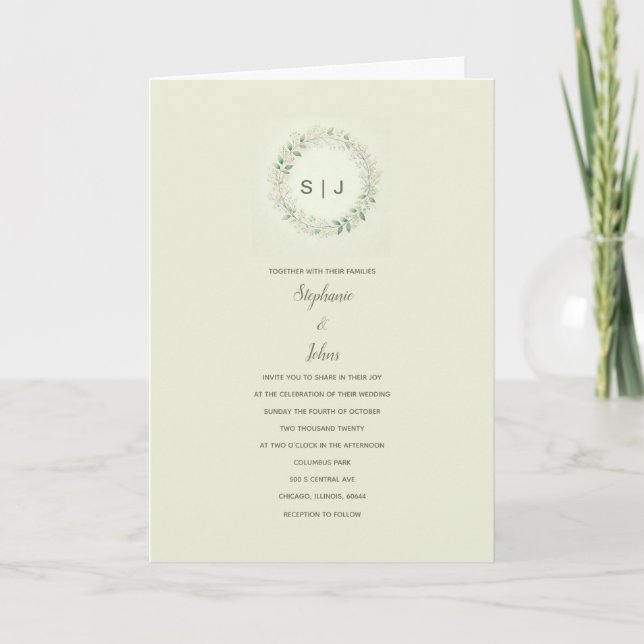 Floral Crest Monogram Sage Green Beige Wedding Invitation (Front)