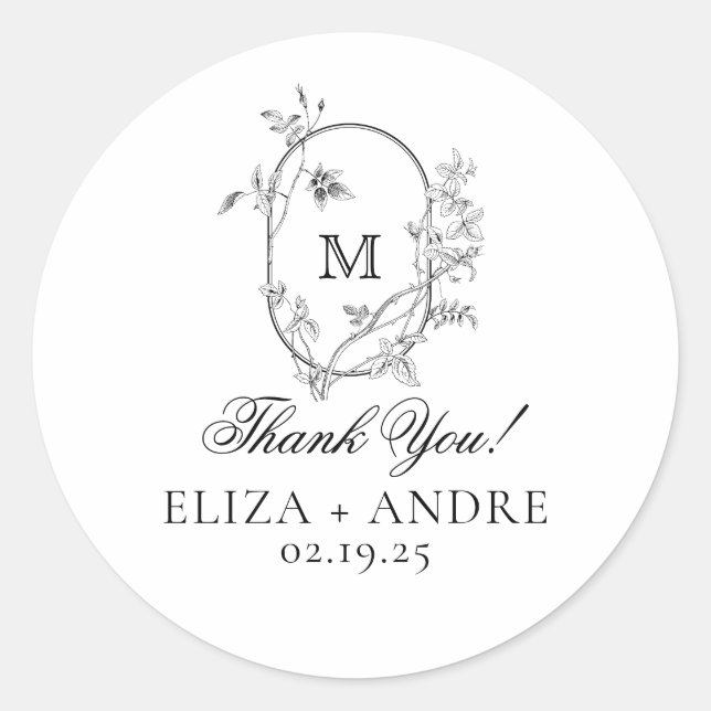  Floral Crest Monogram Thank You Wedding Classic Round Sticker (Front)