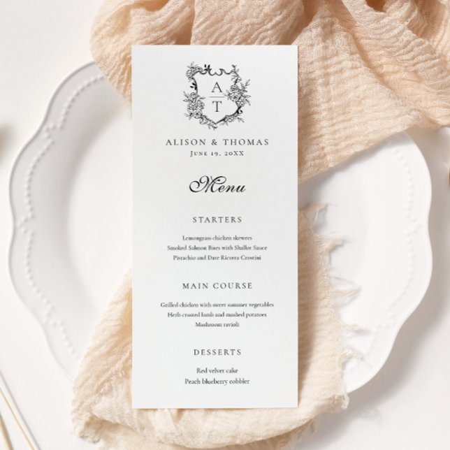 Floral Crest Monogram Wedding Flat Menu (Creator Uploaded)