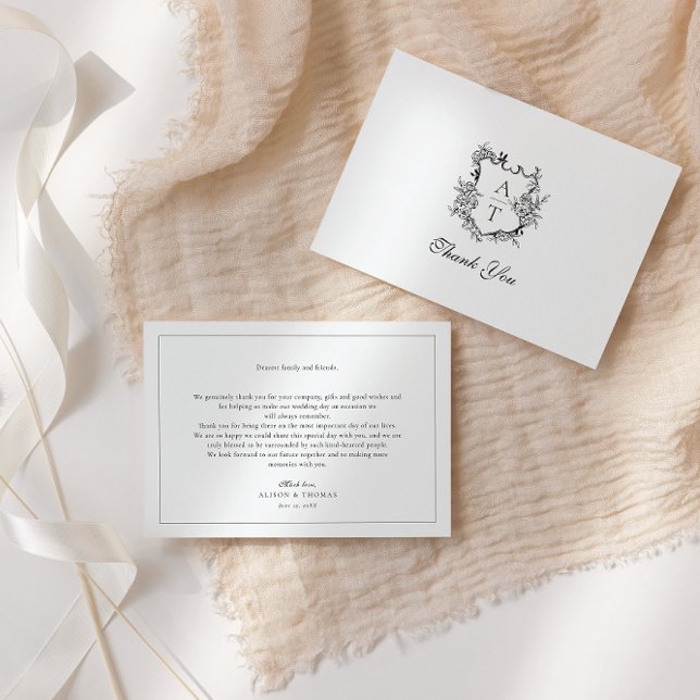 Floral Crest Monogram Wedding Thank You Card (Creator Uploaded)