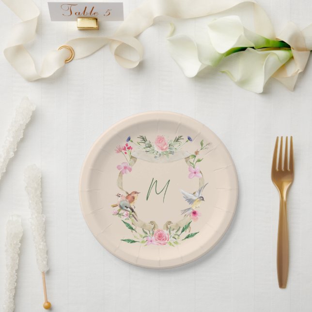 Floral Crest Monogrammed Gender Neutral Paper Plate (Wedding)