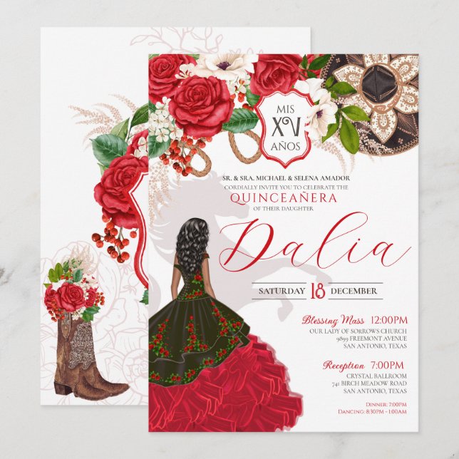 Floral Crest Red Rose Charro Quinceañera Invitatio Invitation (Front/Back)