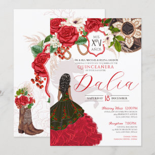 Floral Crest Red Rose Charro Quinceañera Invitatio Invitation