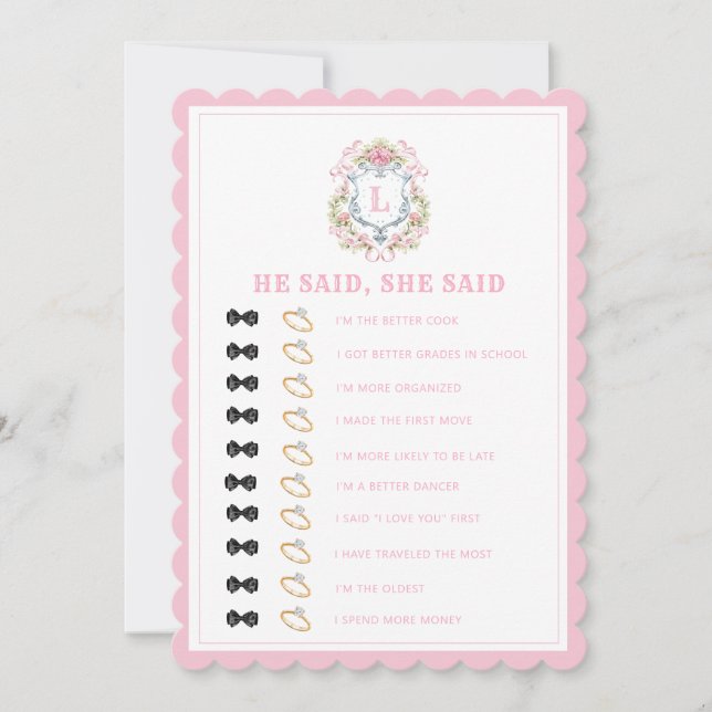 Floral Crest | Spill the Tea | Bridal Shower Game Invitation (Front)