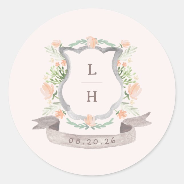 Floral Crest Watercolor Monogram Wedding Classic Round Sticker (Front)