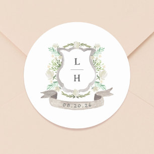 Floral Crest Watercolor Monogram Wedding Classic Round Sticker