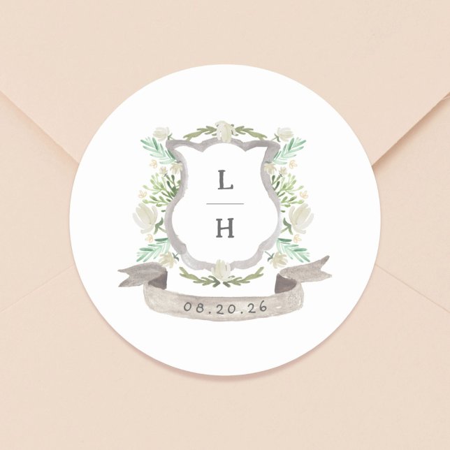 Floral Crest Watercolor Monogram Wedding Classic Round Sticker (Creator Uploaded)