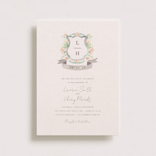 Floral Crest Watercolor Monogram Wedding Invitation
