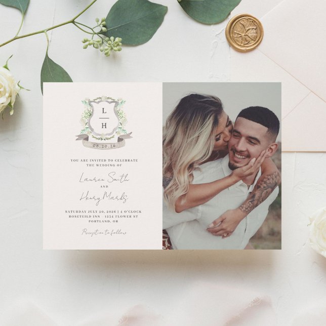 Floral Crest Watercolor Monogram Wedding Invitation (Creator Uploaded)