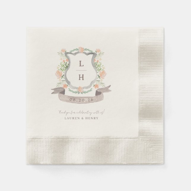 Floral Crest Watercolor Monogram Wedding Napkin (Front)