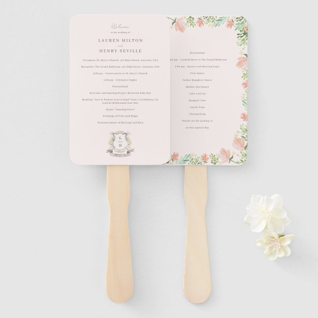 Floral Crest Watercolor Monogram Wedding Program Hand Fan (Front and Back)