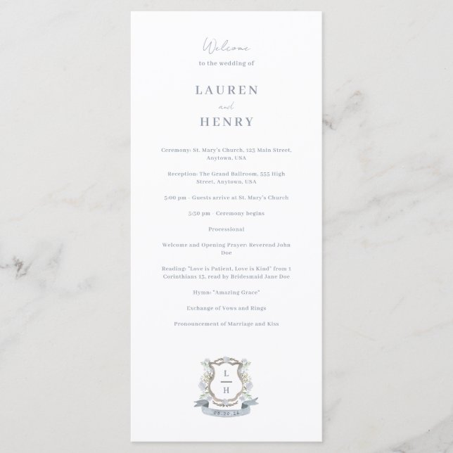 Floral Crest Watercolor Monogram Wedding Programme (Front)