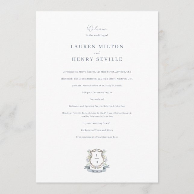 Floral Crest Watercolor Monogram Wedding Programme (Front)