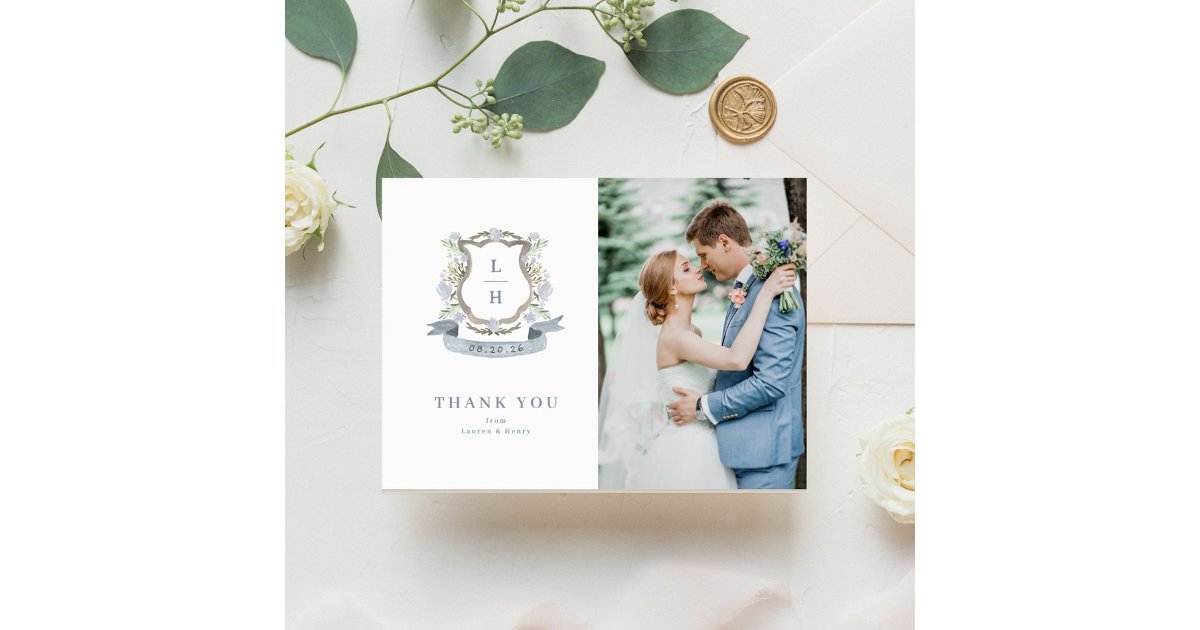 Floral Crest Watercolor Monogram Wedding Thank You Card | Zazzle