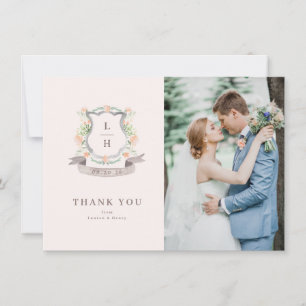 Floral Crest Watercolor Monogram Wedding Thank You Card