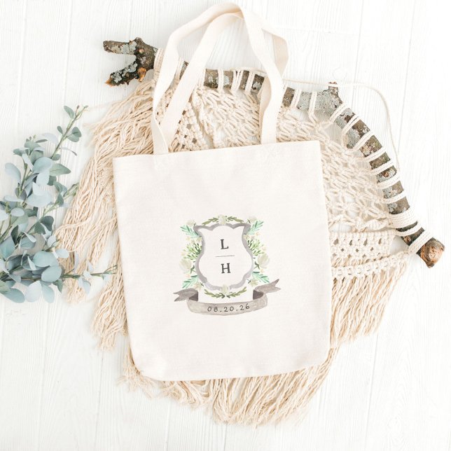 Floral Crest Watercolor Monogram Wedding Tote Bag (Creator Uploaded)