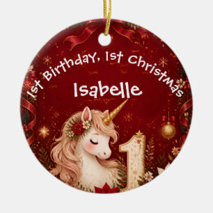 Floral Crimson Unicorn 1st Birthday Christmas Ceramic Tree Decoration