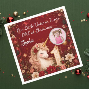 Floral Crimson Unicorn 1st Birthday Christmas Napkin