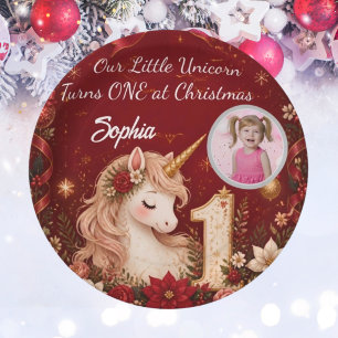 Floral Crimson Unicorn 1st Birthday Christmas Paper Plate