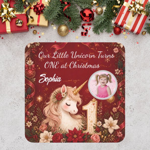 Floral Crimson Unicorn 1st Birthday Christmas Square Sticker